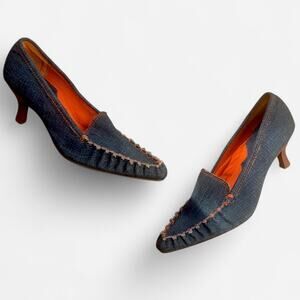 Chinese Laundry Vintage Y2K Denim Orange Stitched Kitten Heels